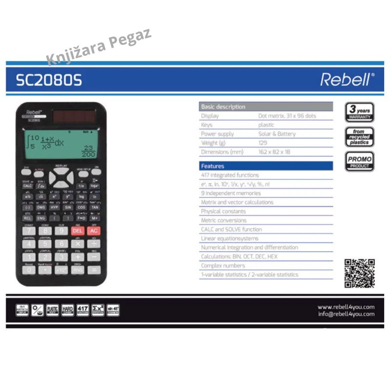 Rebell SC2080S tehnički naučni kalkulator 417 funkcija 31×96 tačaka solarni + baterija RE-SC2080S BX