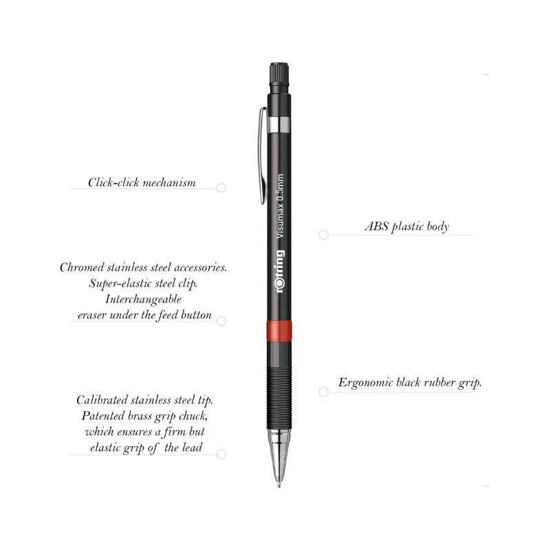 ROTRING Visumax tehnička olovka 0.5 mm crna – profesionalna mehanička olovka sa metalnim mehanizmom, uvlačivom minom i skrivenom gumicom za precizno pisanje i tehničko crtanje