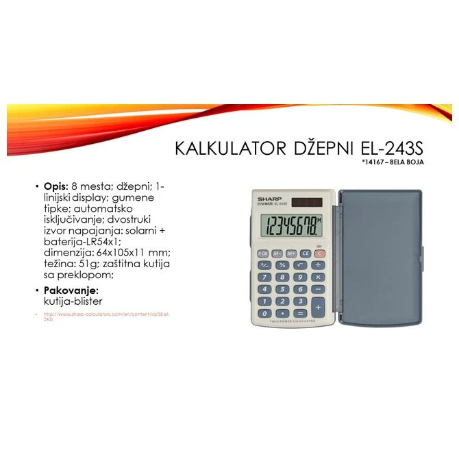 Kalkulator džepni 8 mesta Sharp EL-243S beli sa preklopom – solarno + baterija, zaštitni poklopac