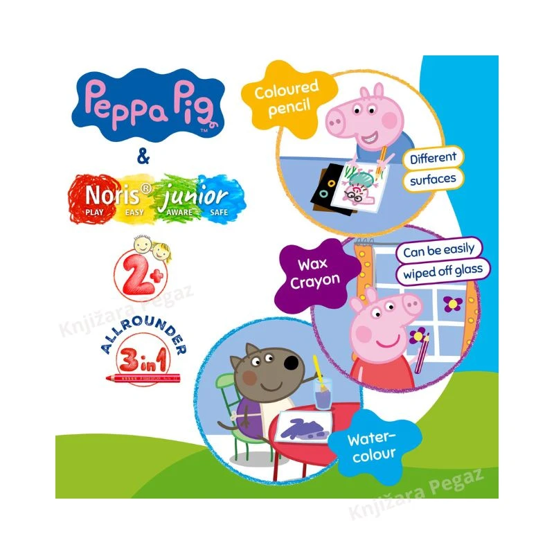 STAEDTLER Noris Junior Peppa Pig drvene bojice 3u1 za decu 1/6 sa rezačem; bojice, voštane bojice i akvarel bojice u jednom setu model 140 C6 L1