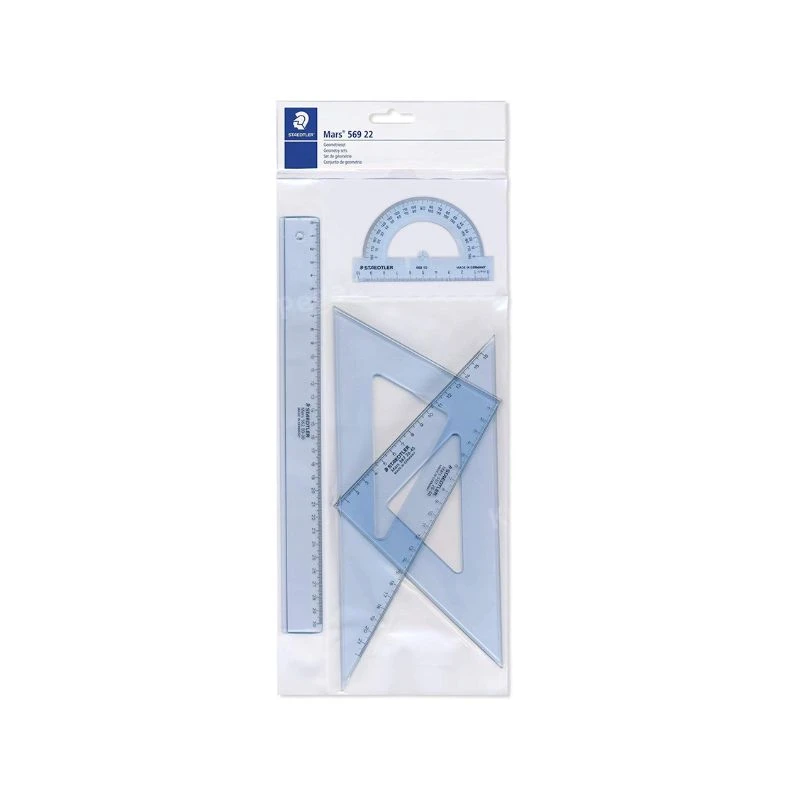 Staedtler geometrijski set Mars 569 22 – profesionalni 4-delni set sa lenjirom 30 cm, uglomerom 180° i trouglovima 45° i 60°, izrađen od transparentne plastike za precizno merenje i tehničko crtanje u školi, kancelariji i profesionalnoj upotrebi.