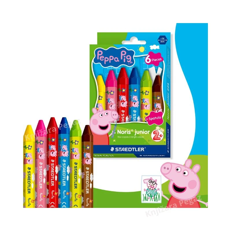 STAEDTLER Noris Junior Peppa Pig voštane boje za decu 1/6, jumbo voštane boje za crtanje i bojenje, 6 boja + špatula ,ergonomske voštane bojice za najmlađe 2+ model 224 C6 L1