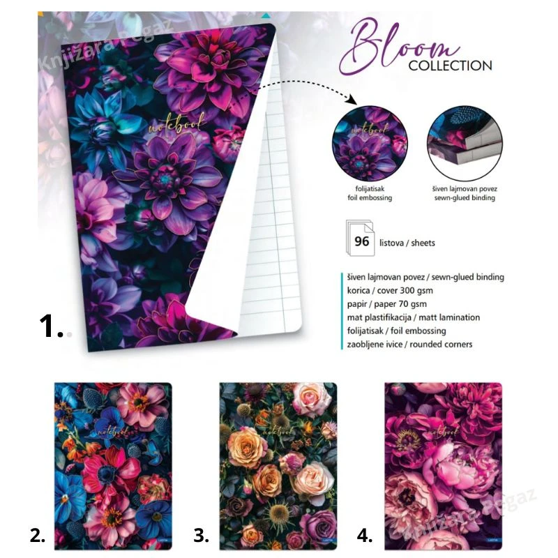 Sveska A4 kvadrati 96 lista Bloom Collection, Lastva, šivena školska sveska A4 sa cvetnim motivom i marginom