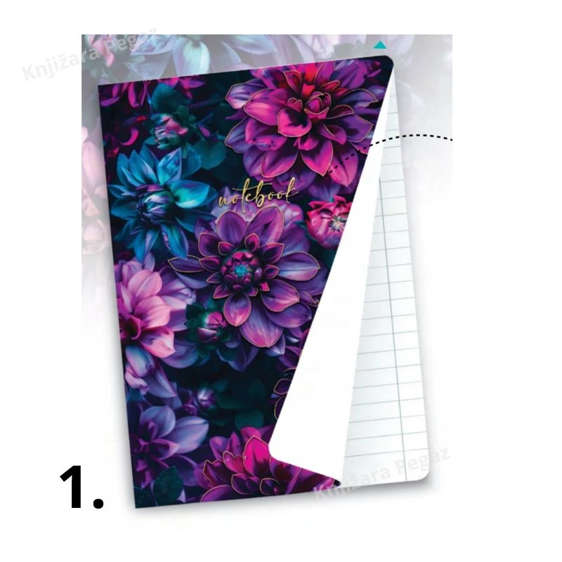 Sveska A4 kvadrati 96 lista Bloom Collection, Lastva, šivena školska sveska A4 sa cvetnim motivom i marginom