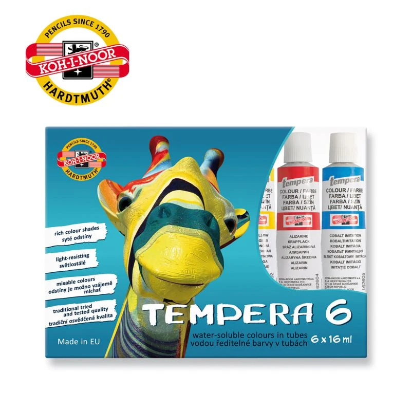Tempere KOH-I-NOOR KIN 1/6 – Set od 6 boja (bela, žuta, crvena, plava, po 16 ml, visokokvalitetne tempere za školu i umetnike
