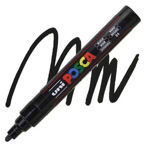 UNI Marker POSCA PC-5M Medium Black 24 – umetnički marker crne boje, srednja debljina vrha 1,8–2,5 mm, trajni, vodootporni, za crtanje, dekoraciju i prilagođavanje poroznih površina, idealan za umetnike, hobiste i profesionalc