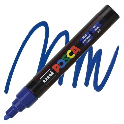 UNI Marker POSCA PC-5M Medium Blue 33 – umetnički marker plave boje, srednja debljina vrha 1,8–2,5 mm, trajni, vodootporni, za crtanje, dekoraciju i prilagođavanje poroznih površina, idealan za umetnike, hobiste i profesionalce