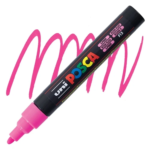 UNI Marker POSCA PC-5M Medium fluorescent pink F15 – umetnički marker fluorescentno roze boje, srednja debljina vrha 1,8–2,5 mm, trajni i vodootporni, za crtanje, dekoraciju i prilagođavanje poroznih površina, idealan za umetnike, hobiste i profesionalce