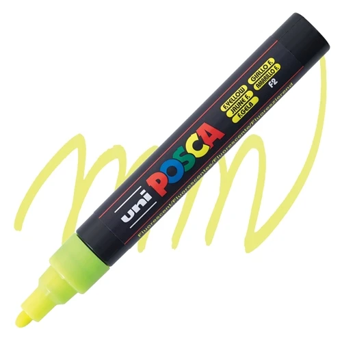 UNI POSCA PC-5M fluorescent yellow F2 – akrilni marker na vodenoj bazi, medium vrh 1.8–2.5 mm, fluorescentni žuti marker za crtanje, lettering, DIY i dekoraciju