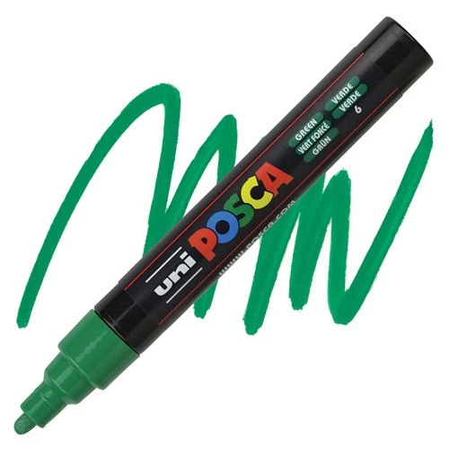 UNI Marker POSCA PC-5M Medium Green 6 – umetnički marker zelene boje, srednja debljina vrha 1,8–2,5 mm, trajni, vodootporni, za crtanje, dekoraciju i prilagođavanje poroznih površina, idealan za umetnike, hobiste i profesionalce