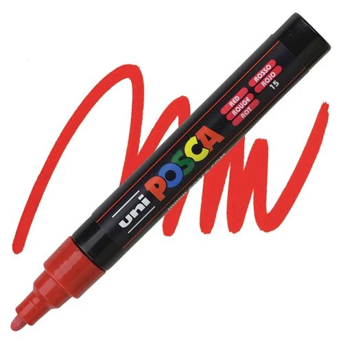 UNI Marker POSCA PC-5M Medium Red 15 – umetnički marker crvene boje, srednja debljina vrha 1,8–2,5 mm, trajni, vodootporni, za crtanje, dekoraciju i prilagođavanje poroznih površina, idealan za umetnike, hobiste i profesionalce