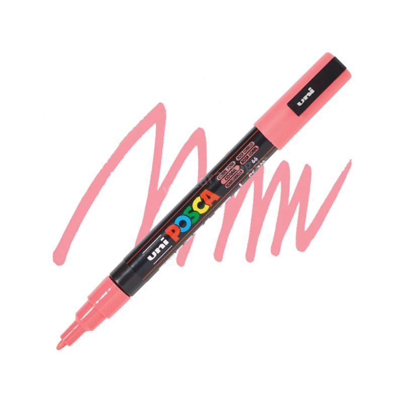 UNI POSCA PC-3M Fine akrilni marker koralno roze (coral pink) 66 – profesionalni paint marker sa finim vrhom i neprovidnim, intenzivnim akrilnim mastilom na bazi vode, idealan za precizno crtanje, pisanje, ilustracije, lettering, DIY projekte