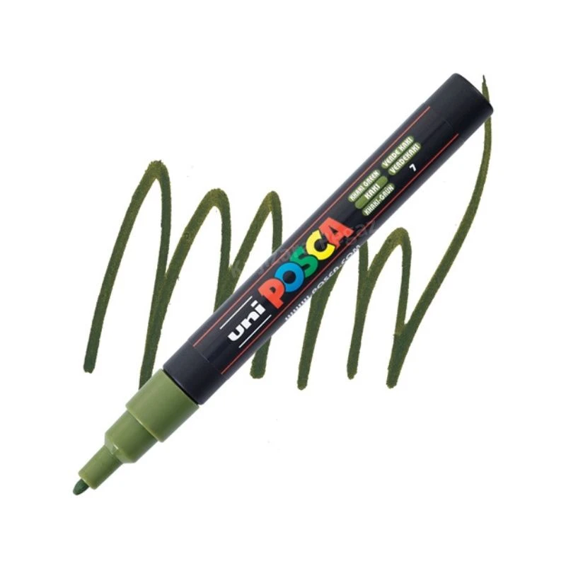 UNI POSCA PC-3M Fine akrilni marker maslinasto zelena (khaki green) 7 – profesionalni paint marker sa finim vrhom i neprovidnim, intenzivnim akrilnim mastilom na bazi vode, idealan za precizno crtanje, pisanje, ilustracije, lettering, DIY projekte i kreat