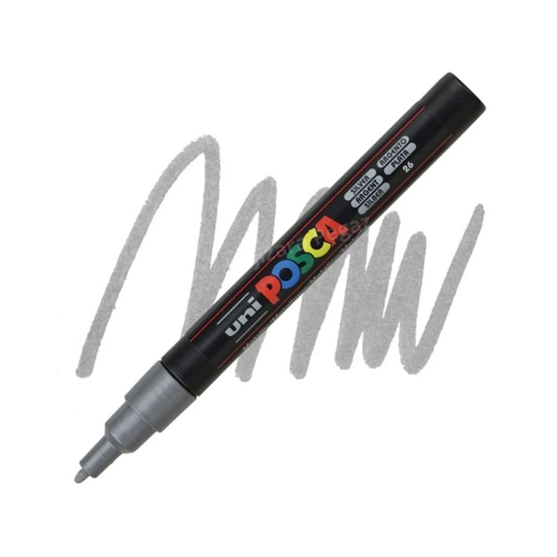UNI POSCA PC-3M Fine akrilni marker srebrna (silver) 26 – profesionalni paint marker sa finim vrhom i neprovidnim, metalik akrilnim mastilom na bazi vode, idealan za precizno crtanje, pisanje, ilustracije, lettering, DIY projekte i kreativno obeležavanje 