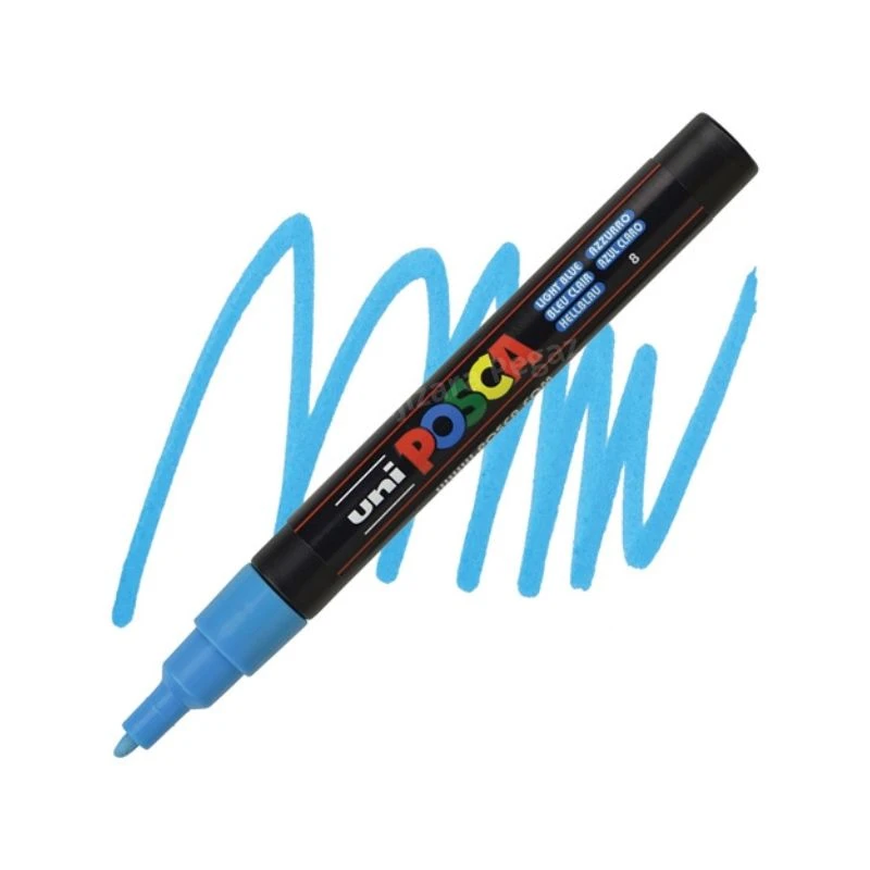 UNI POSCA PC-3M Fine akrilni marker svetlo plavi (light blue) – profesionalni paint marker sa finim vrhom i neprovidnim, akrilnim mastilom na bazi vode, savršen za precizno crtanje, pisanje, ilustracije, lettering, DIY projekte i kreativno obeležavanje na