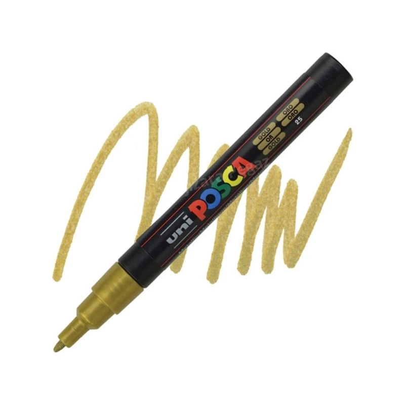 UNI POSCA PC-3M Fine akrilni marker zlatna (gold) 25 – profesionalni paint marker sa finim vrhom i neprovidnim, metalik akrilnim mastilom na bazi vode, idealan za precizno crtanje, pisanje, ilustracije, lettering, DIY projekte i kreativno obeležavanje na 