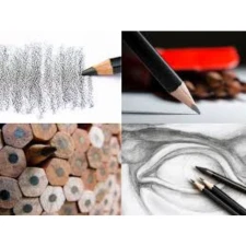 Kolaž fotografija grafitnih olovaka i tehnika senčenja, uključujući različite tvrdoće grafita, detalje drvenih olovaka i realistično crtanje oka.