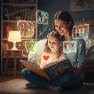 Majka i ćerka zajedno čitaju dečju knjigu izdavača Pčelica i Kreativni centar uz svetleće ilustracije srca i bajkovitih likova.