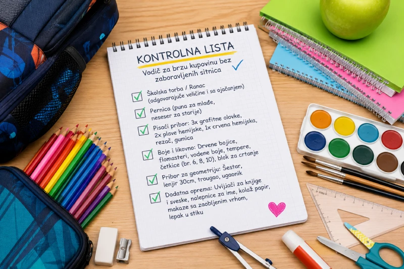 Kontrolna list za brzu kupovinu školskog pribora.