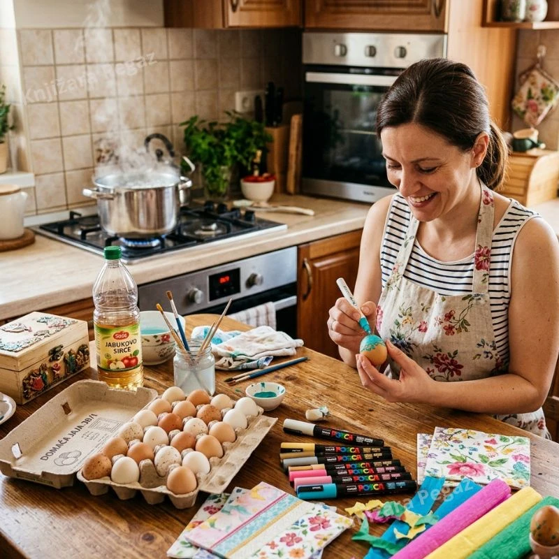 U kuhinji mama ukrasava uskrsnja jaja POSCA markerima, krep papirom, dekupaž tehnikom.
