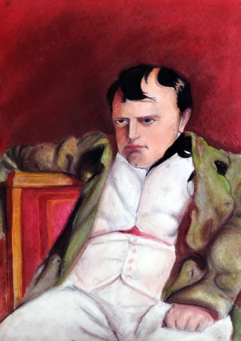 Portret Napoleona Bonaparte u beloj uniformi i zelenom kaputu, naslonjenog na crvenu fotelju, na tamnocrvenoj pozadini.